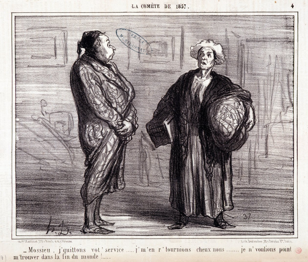 Rajzfilm a tudományról. Serie „” Az 1857-es üstökösen””: „” Mossieu, elhagyom a szolgálatodat...” Honore DAUMIER (1808-1879) metszete. Kivonat a „Le Charivari” című újságból, március 13-án alkotó: Honoré Daumier