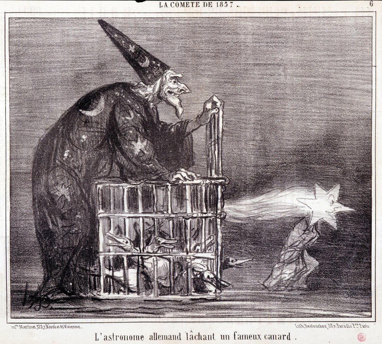 Rajzfilm a tudományról. Serie Sur "" az 1857-es üstökös"": "" A német csillagász elhagyja a híres kacsát"". Honore DAUMIER (1808-1879) metszete. Kivonat a „Le Charivari” című újságból, március 2 alkotó: Honoré Daumier