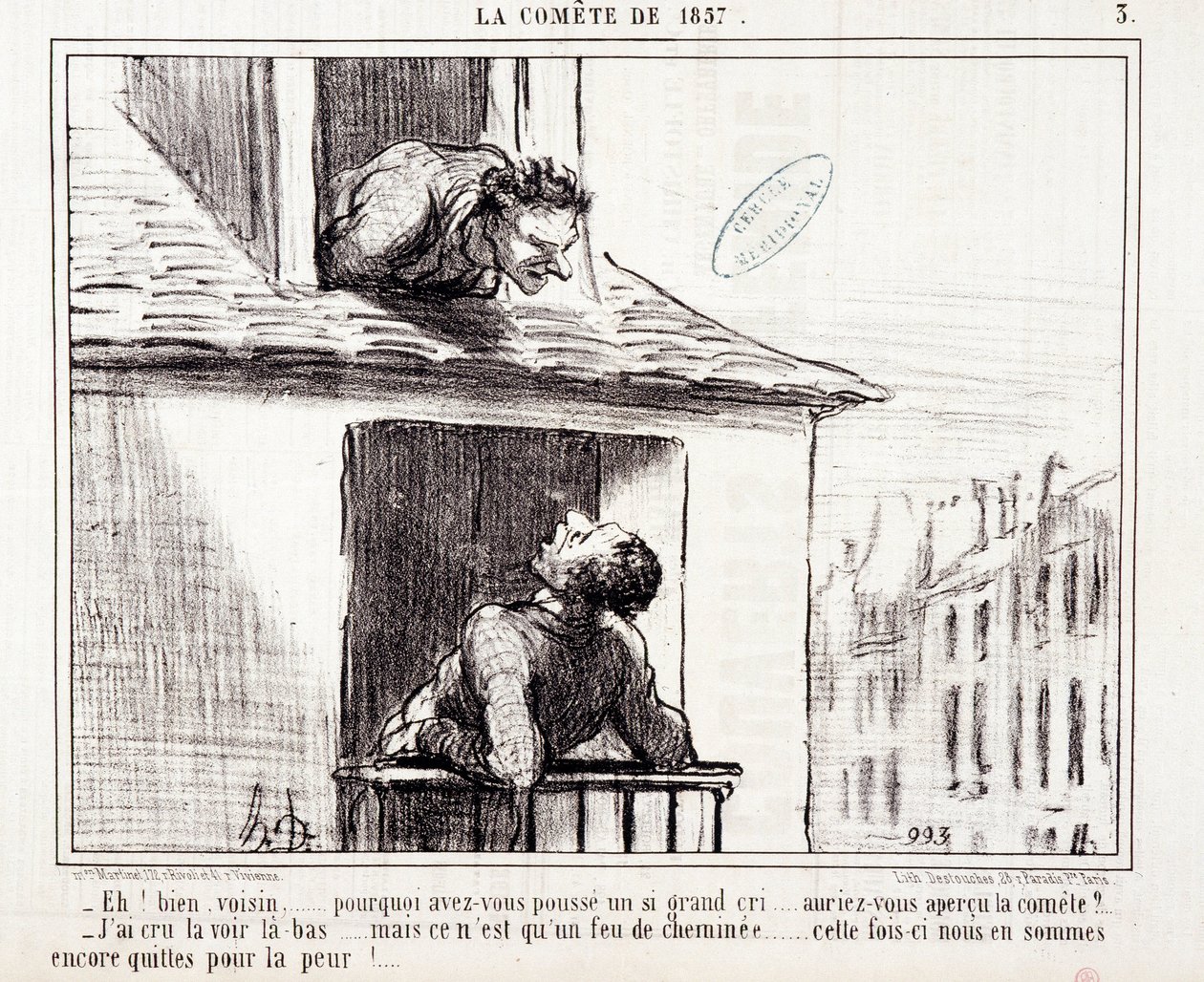 Rajzfilm a tudományról. Serie Sur „” az 1857-es üstökös””: „Nos szomszéd... miért sírtál ilyen nagyot...”” Metszet: Honore DAUMIER (1808-1879). Kivonat a „Le Charivari” című újságból, március 11-én alkotó: Honoré Daumier