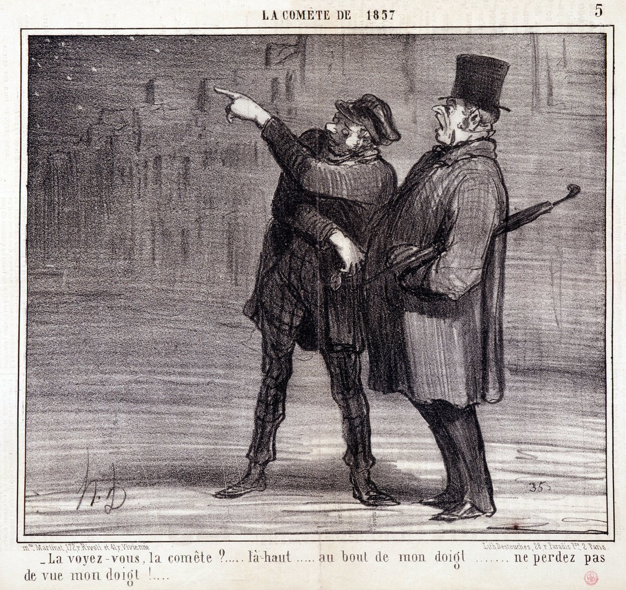 Karikatúra a tudományról. Sorozat az 1857-es Comete-ről: "Látod a bizottságot?..." Egy tolvaj eltereli áldozata figyelmét. Honore DAUMIER (1808-1879) metszete. Kivonat a "Le Charivari" című újságból március 19. alkotó: Honoré Daumier