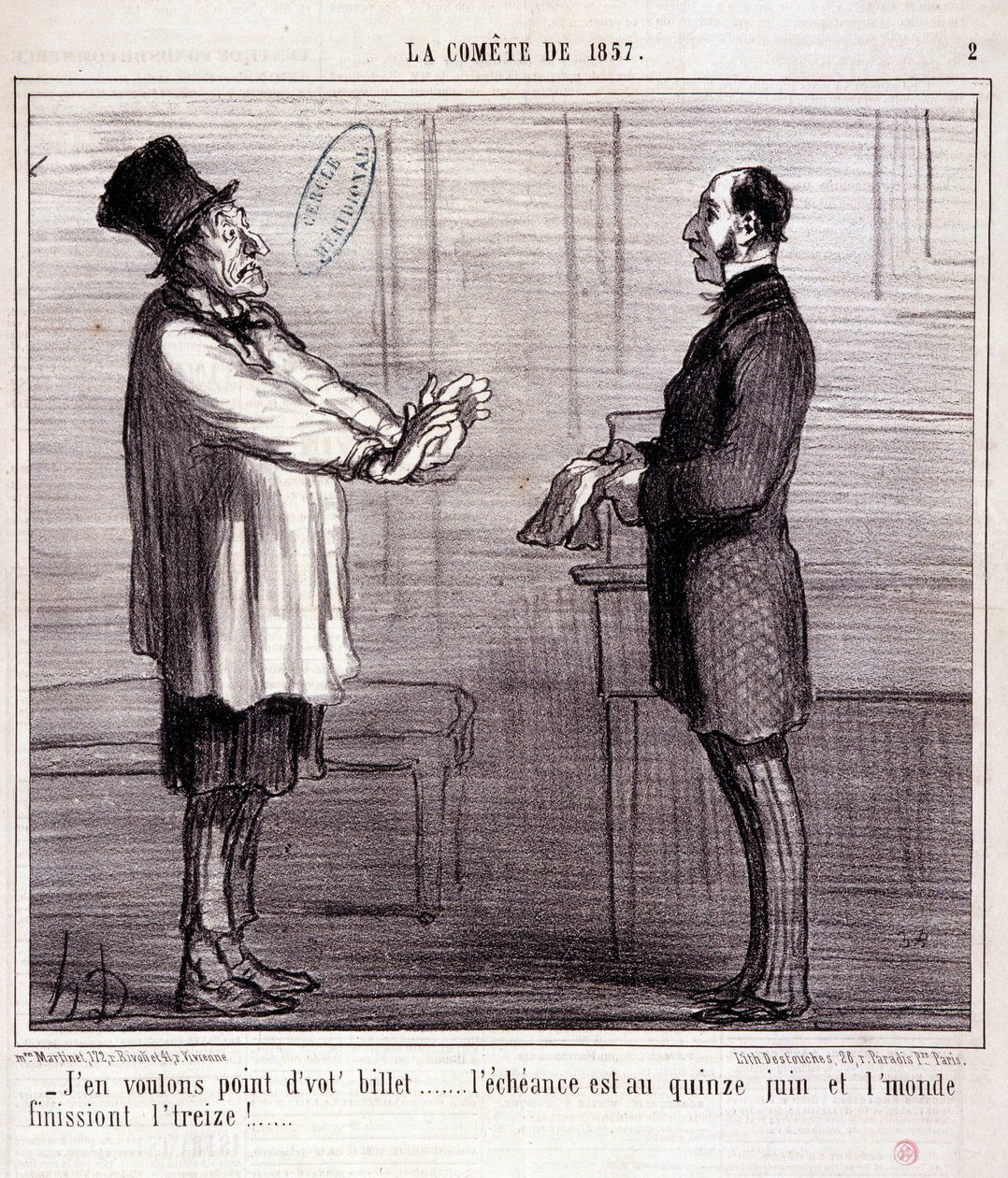 Rajzfilm a tudományról. Sorozat az „1857-es üstökösről””: Nem akarok jegyet...” Metszet: Honore DAUMIER (1808-1879). Kivonat a „Le Charivari” című újságból, március 4 alkotó: Honoré Daumier
