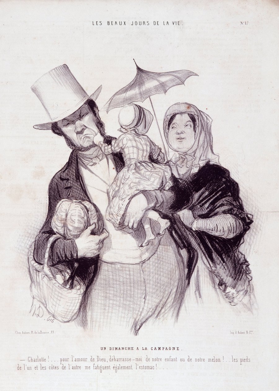 Karikatúra a családról. "Az élet szép napjai" sorozat: Egy vasárnap vidéken..." Honore DAUMIER (1808-1879) metszete. Kivonat a "Le Charivari" című újság július 21-i számából. alkotó: Honoré Daumier