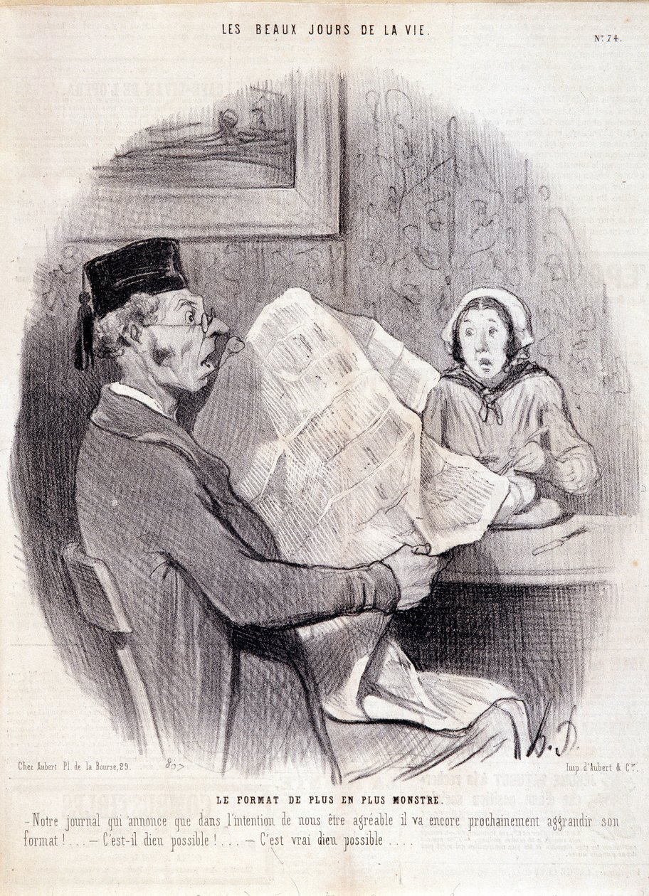 Rajzfilm a sajtóról. "" Az élet szép napjai"" sorozat: "" Az egyre szörnyűbb formátum..."". Honore DAUMIER (1808-1879) metszete. Kivonat az október 18-i „” Le Charivari” című újságból alkotó: Honoré Daumier