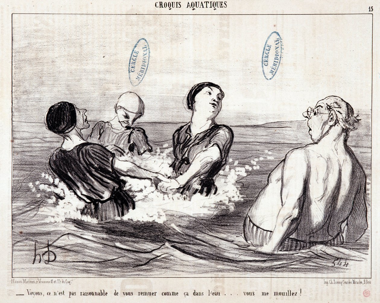 Rajzfilm a tengeren nyaraló turistákról. „” Les Bains de Mer”” sorozat: „” Vízi vázlat. Lássuk be, nem ésszerű így kevergetni a vízben... te nedvesítesz meg!” Honore DAUMIER (1808-1879) metszete. Kivonat a „” Le Chariv című újságból alkotó: Honoré Daumier