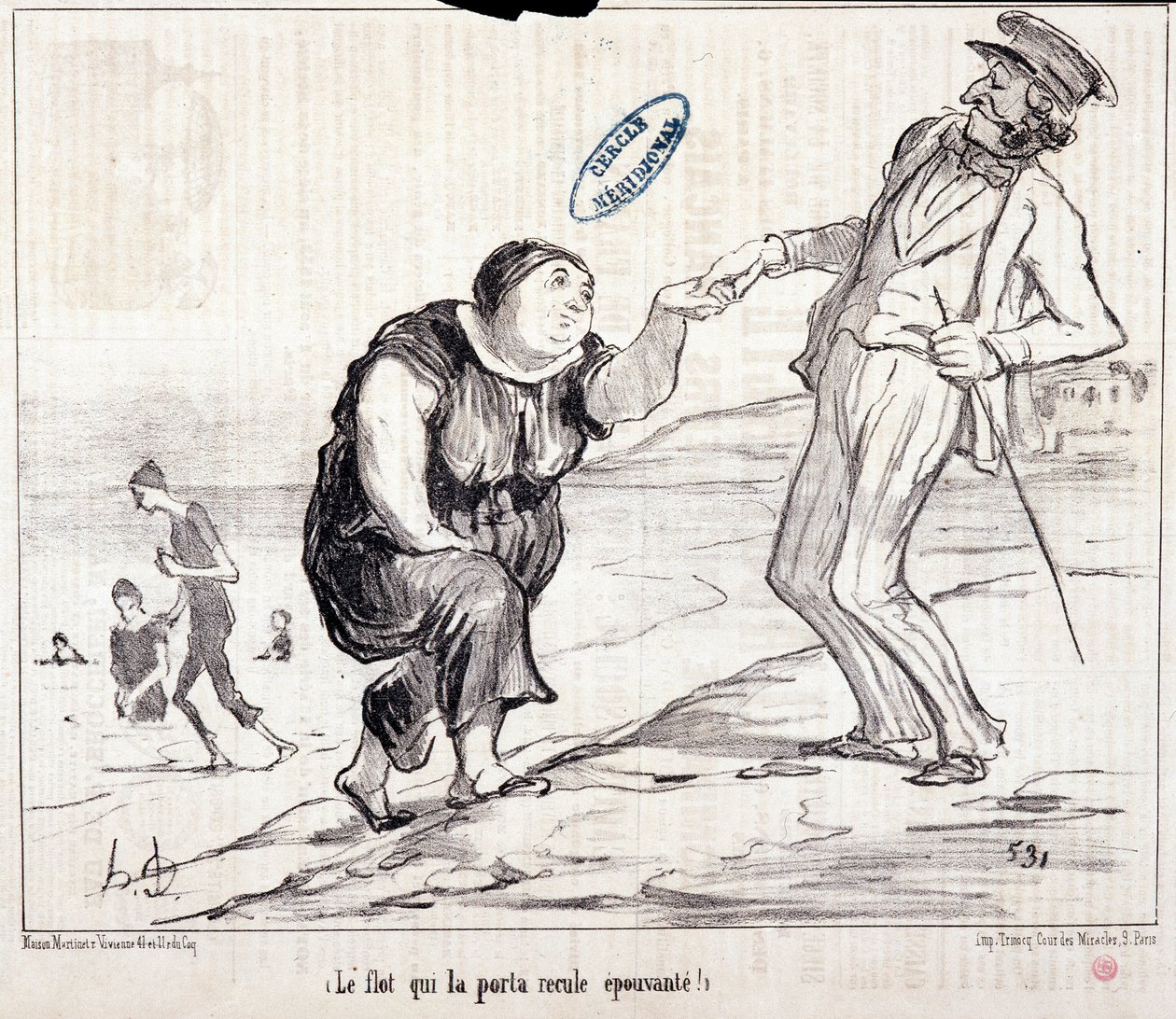 Rajzfilm a turistákról nyaralni. Axe Bains de Mer sorozat: "" Az árvíz, amely visszavitte, ijesztő! „” metszet: Honore DAUMIER (1808-1879). Kivonat a „Le Charivari” újságból alkotó: Honoré Daumier