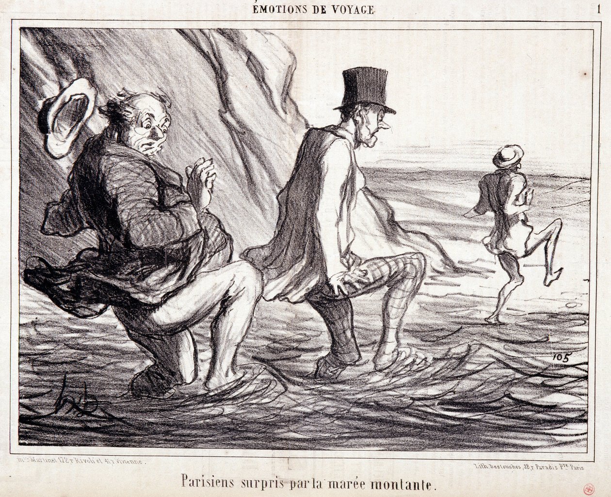 Karikatúra a nyaraló turistákról. Sorozat "Ax Bains de Mer: "Utazási érzelmek. Párizsiak, akiket elkapott az emelkedő tengerpart". Honore DAUMIER (1808-1879) metszete. Kivonat a "Le Charivari" című újság október 8-i számából. alkotó: Honoré Daumier
