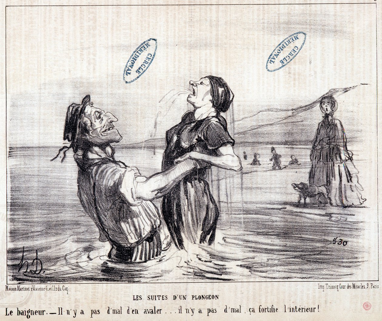 Karikatúra a nyaraló turistákról. "Les Bains de Mer" sorozat: "Vízi vázlat. A merülés eseményei". Honore DAUMIER (1808-1879) metszete. Kivonat a "Le Charivari" című 1853-as újságból. Méret: 24x28 cm. Inv 2453 - 12. doboz N¡1. Marseille, M alkotó: Honoré Daumier