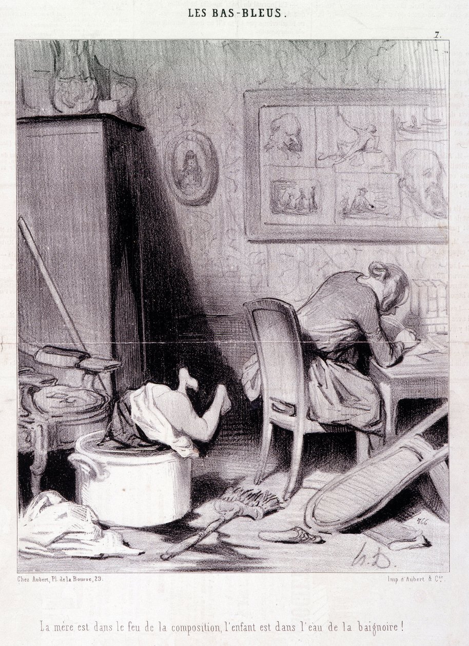 Rajzfilm női írókról. Serie “” Bas Bleus””: “” Az anya a kompozíció tüzében, a gyerek a fürdő vizében! „” metszet: Honore DAUMIER (1808-1879). Kivonat a „Le Charivari” című újságból, február 20-án alkotó: Honoré Daumier