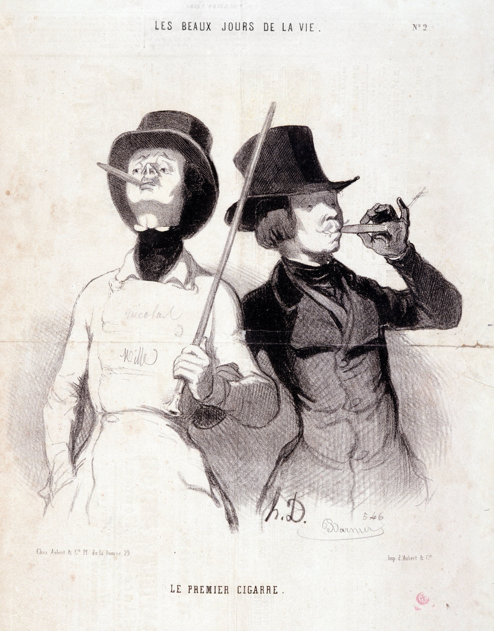 Rajzfilm a fiatal Dandysről. "" Az élet szép napjai"" sorozat: "" Az első szivar"". Honore DAUMIER (1808-1879) metszete. Kivonat a „” Le Charivari”” újságból 1843. december 31-én. Mérete 37x25 cm Inv 1089 - 8. doboz N¡2. Marseille, Musee des Beaux alkotó: Honoré Daumier