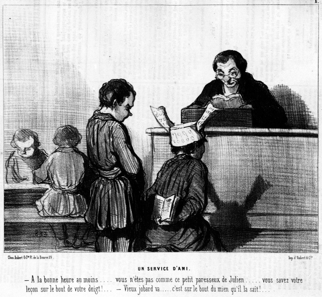 Daumier karikatúrája a kukoricáról és az iskolásokról. "Egy barát szolgálata": - Te nem vagy olyan, mint ez a lusta kis Julien... az ujjad hegyére tudod a leckét! - Az öreg Jobard megy... az én ujjam hegyén tudja... alkotó: Honoré Daumier