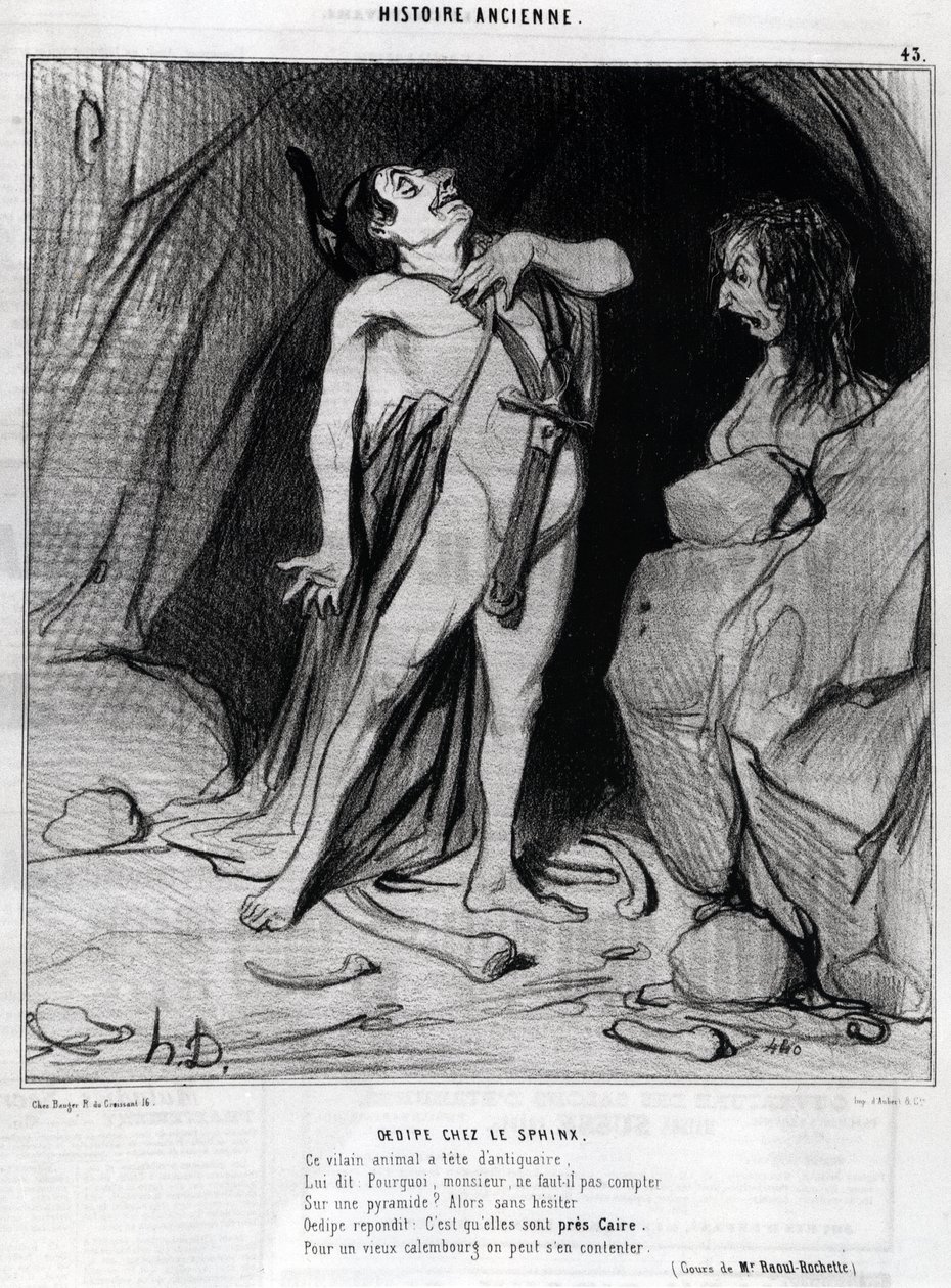 Honore Daumier rajzfilmje Oidipuszról és a Szfinxről, a „Charivariban”, december 12. alkotó: Honoré Daumier