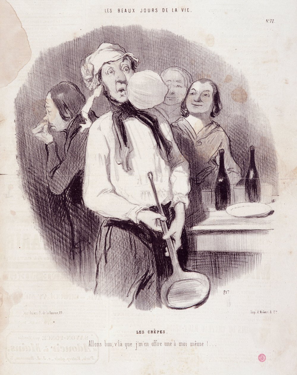 Rajzfilm egy ügyetlen emberről. „” Les Beaux Days de la Vie”” sorozat: „” Les crepes... „” Metszet: Honore DAUMIER (1808-1879). Kivonat a „Le Charivari” című újságból, november 14 alkotó: Honoré Daumier