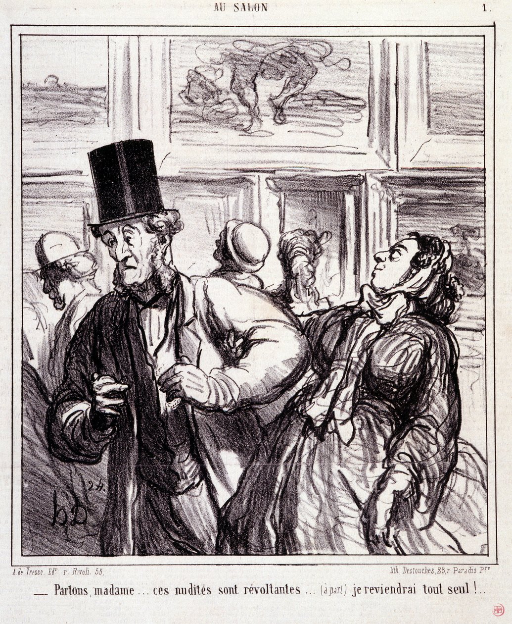 Rajzfilm a művészet szerelmeseiről: Serie “” Au salon””: Hagyjuk asszonyom... ezek a nuditák lázadók... Egyedül térek vissza”” Metszet: Honore DAUMIER (1808-1879). Kivonat a „” Le Charivari”” című újságból május 5-én alkotó: Honoré Daumier