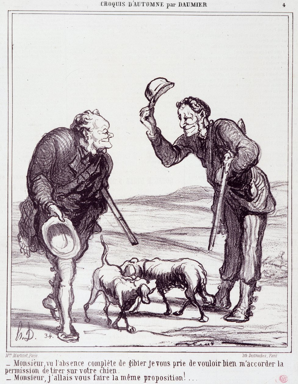 Rajzfilm a vadászokról: Serie „” Autumn Sketch””: „” Uram, a vad teljes hiánya miatt, kérem, adjon engedélyt a kutyájának kilövésére...”” Metszet: Honore DAUMIER (1808-1879). Kivonat a „Le Charivari” című újságból, szeptember 28-án alkotó: Honoré Daumier