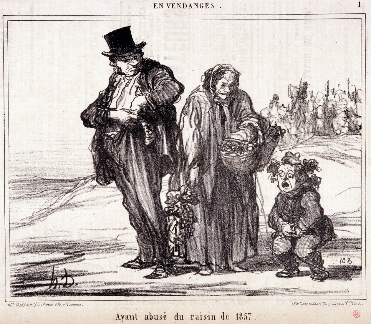 Rajzfilm a szőlőtermesztésről. „” Őszi vázlat”” sorozat: „” Betakarításban. Az 1857-es szőlővel való visszaélés”” metszet, Honore DAUMIER (1808-1879). Kivonat a „Le Charivari” című újságból, október 16 alkotó: Honoré Daumier