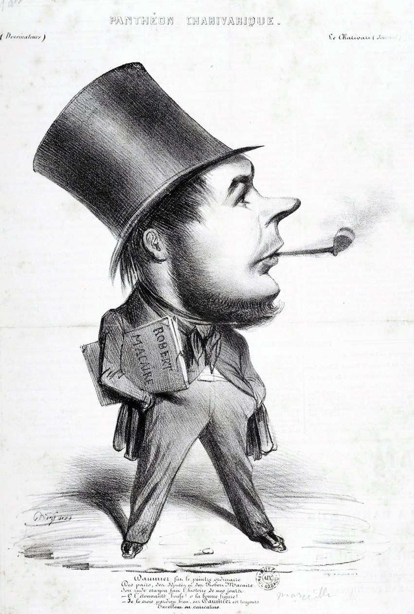 Charivaric Pantheon: Honore Daumier (1808-1879) francia metsző, festő és szobrász rajzfilmje. Metszet a „Le Charivari”-ban”. Mérete: 32x22 cm. Arbaud Múzeum. alkotó: Honoré Daumier