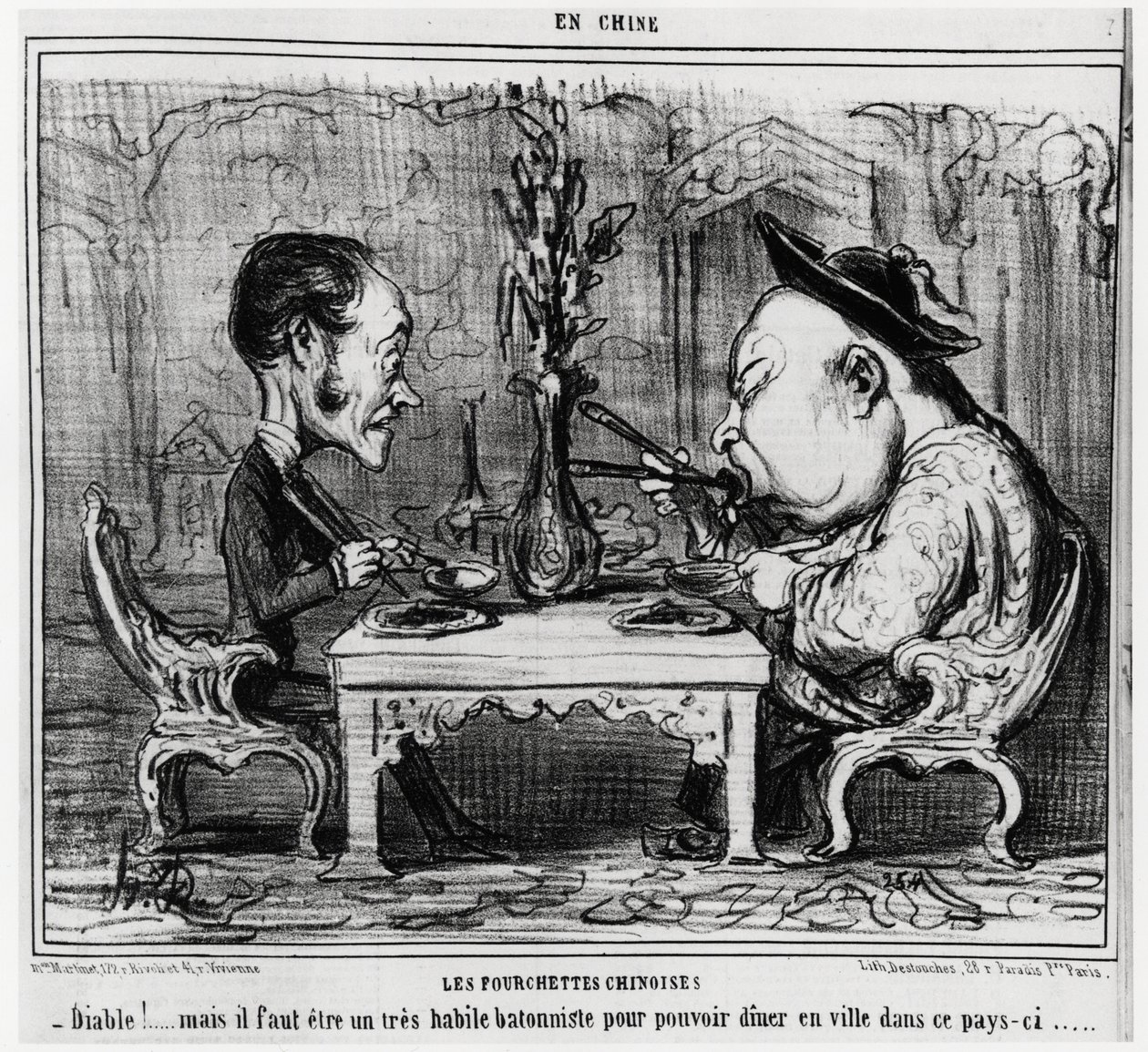 Kínai villák: "" Ördög! de nagyon képzett batonosnak kell lennie ahhoz, hogy ebben az országban étkezzen a városban. „”, az En Chine sorozatban, Honore Daumier (1808-1879) illusztrációja, megjelent a „Charivari”-ban” alkotó: Honoré Daumier