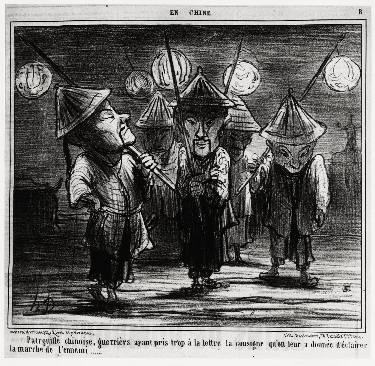 Kínai járőr, a harcosok túlságosan is betöltötték az utasításokat, amelyeket az ellenség felvonulására kapott. A Serie En Chine sorozatban, Honore Daumier (1808-1879) illusztrációja, megjelent a „Charivari”-ban, január 25-én alkotó: Honoré Daumier