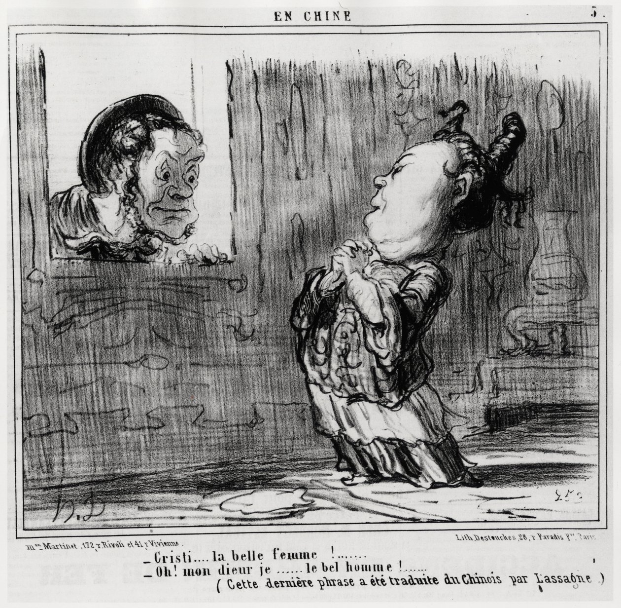 Christi, a gyönyörű nő! ; "" Ó! Istenem, én... a jóképű férfi! (Ezt az utolsó mondatot Lassagne fordította kínaiból.), az En Chine sorozatban, Honore Daumier (1808-1879) illusztrációja, megjelent a „Charivari”-ban. alkotó: Honoré Daumier