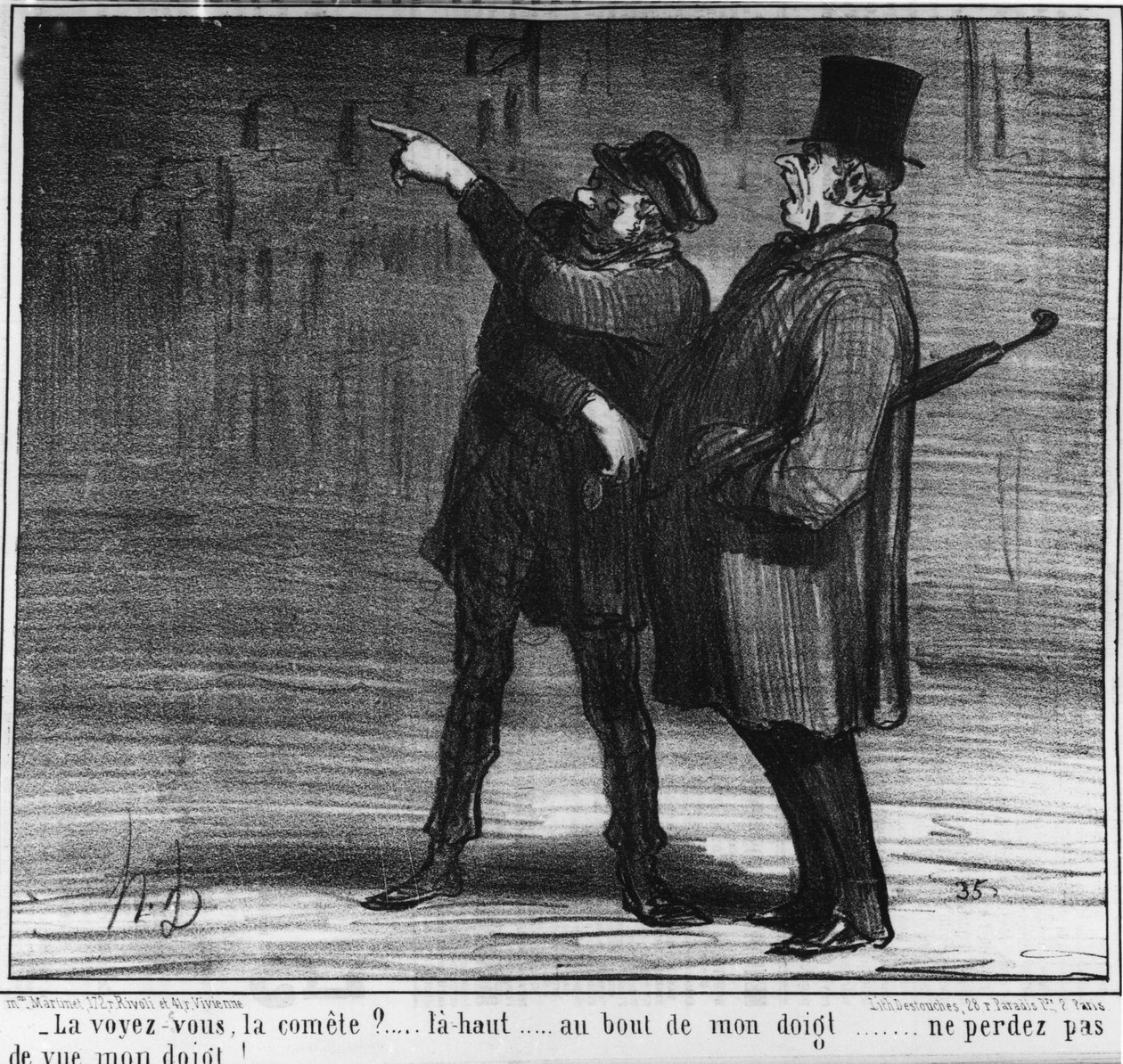 Látod az üstököst? fent... az ujjam végén... ne veszítsd szem elől az ujjam!... , Honore Daumier (1808-1879) karikatúrája. "Charivari" alkotó: Honoré Daumier