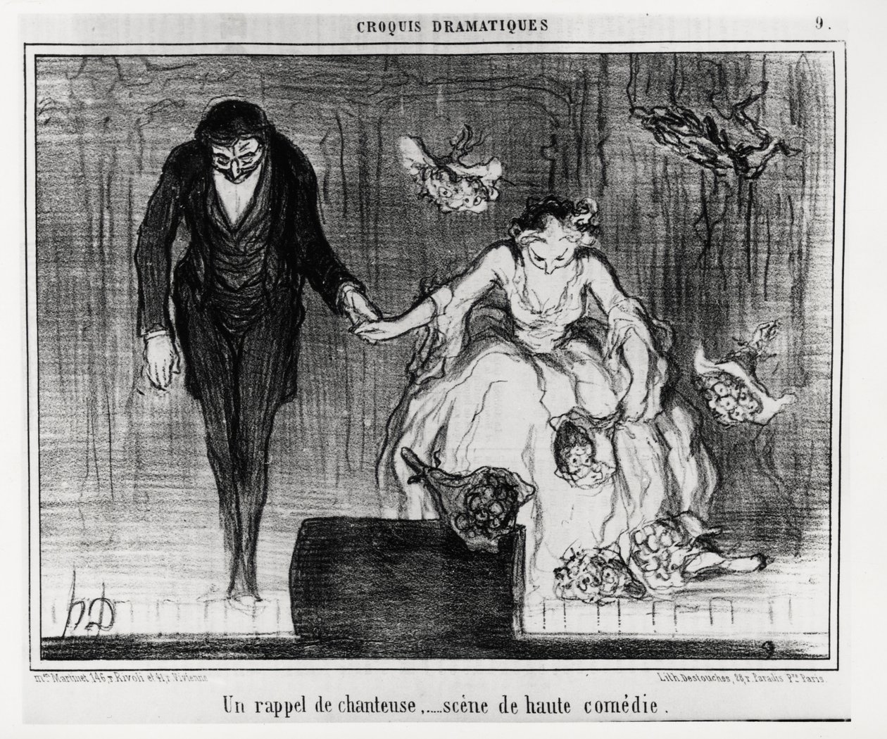 Drámai vázlatok: énekes emlékeztető, magas komédia jelenet. Illusztráció: Honore Daumier (1808-1879), megjelent a Charivariban, január 9-én alkotó: Honoré Daumier
