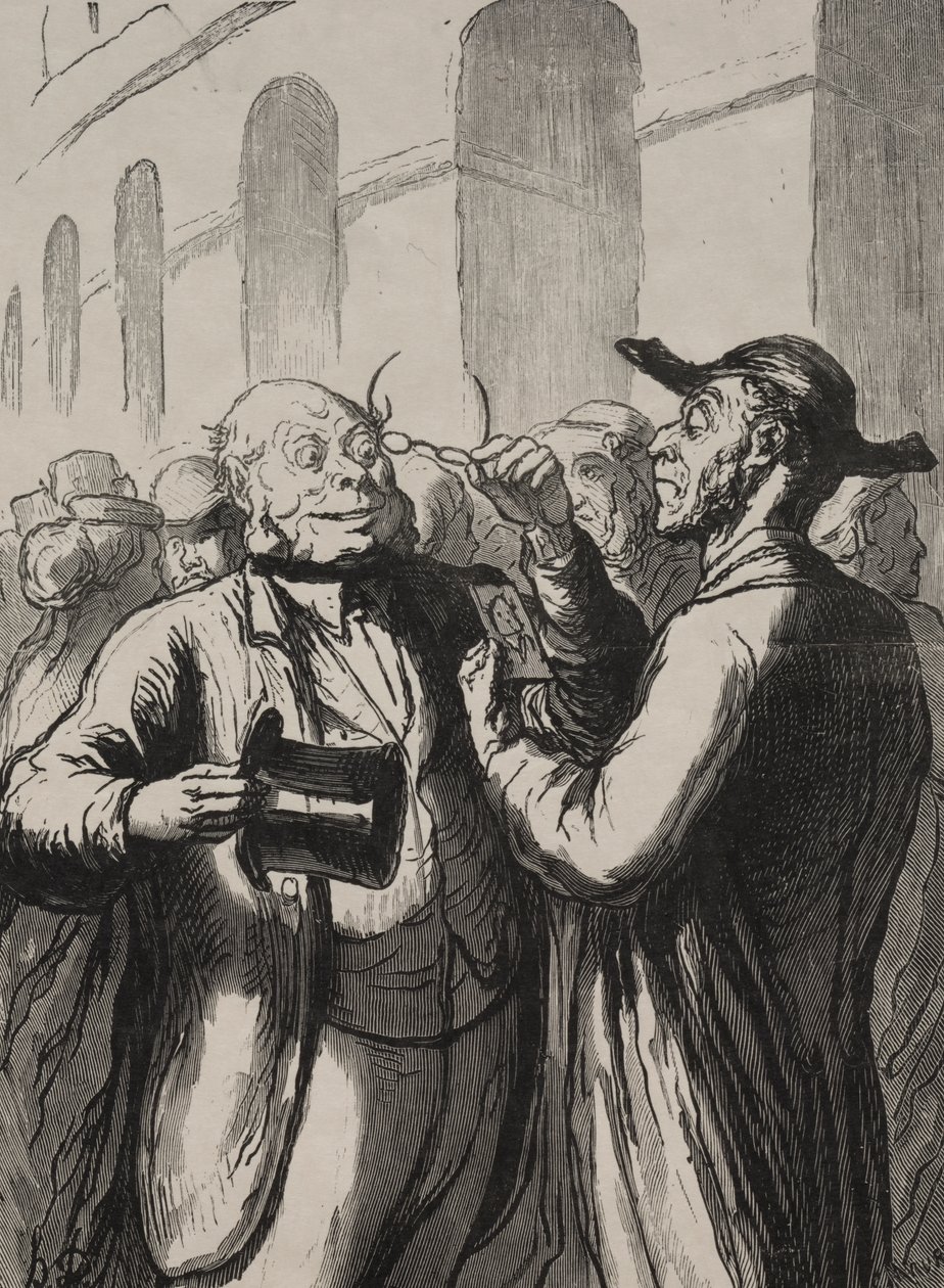Univerzális kiállítás: Fényképek megtekintése a forgókapuknál. A kopaszoknak le kell venni a kalapjukat, a rövidlátóknak a szemüvegüket. alkotó: Honoré Daumier