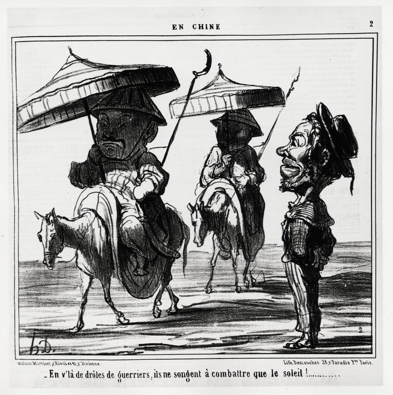 Ezekben a vicces harcosokban csak a nappal való küzdelem jut eszébe. A Serie En Chine sorozatban, Honore Daumier (1808-1879) illusztrációja, megjelent a „Charivari”-ban, január 8-án alkotó: Honoré Daumier