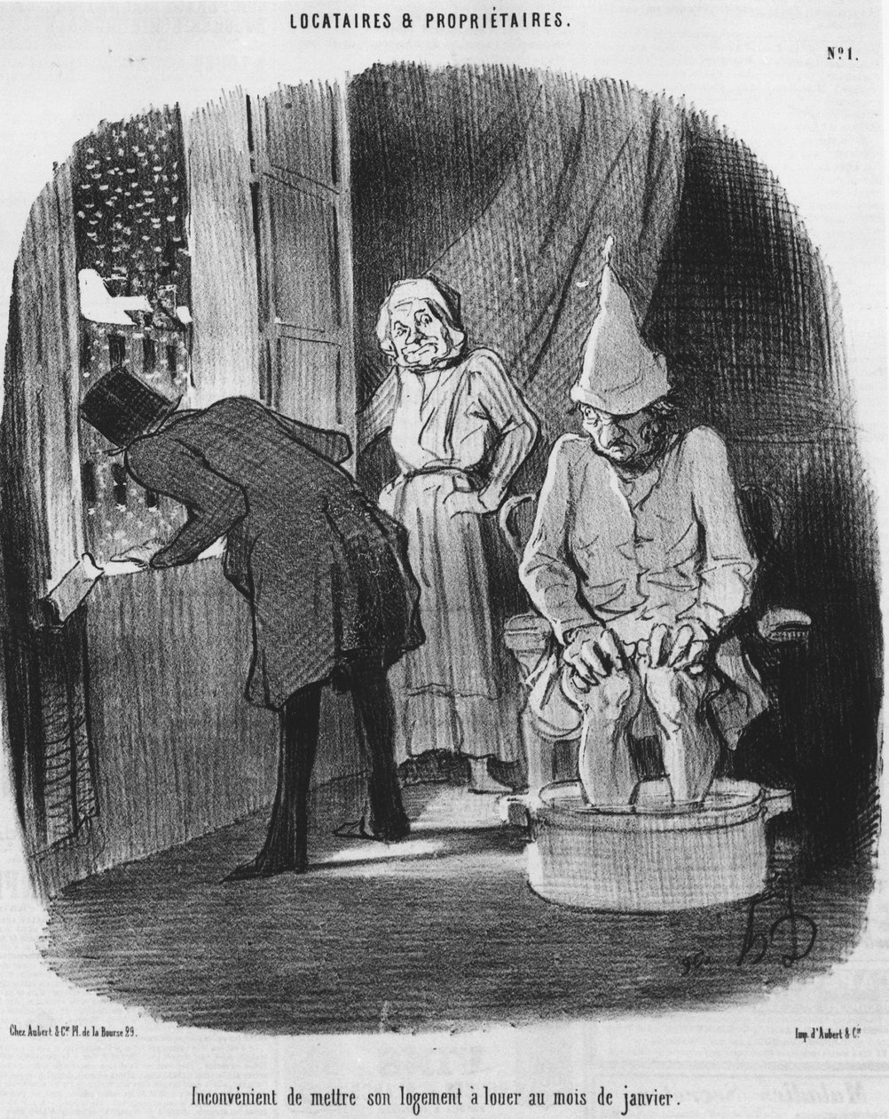 Kényelmetlen januárban kiadni a lakását, Honore Daumier (1808-1879) rajzfilmsorozata: „Bérlők és tulajdonosok”. "Macskazene" alkotó: Honoré Daumier