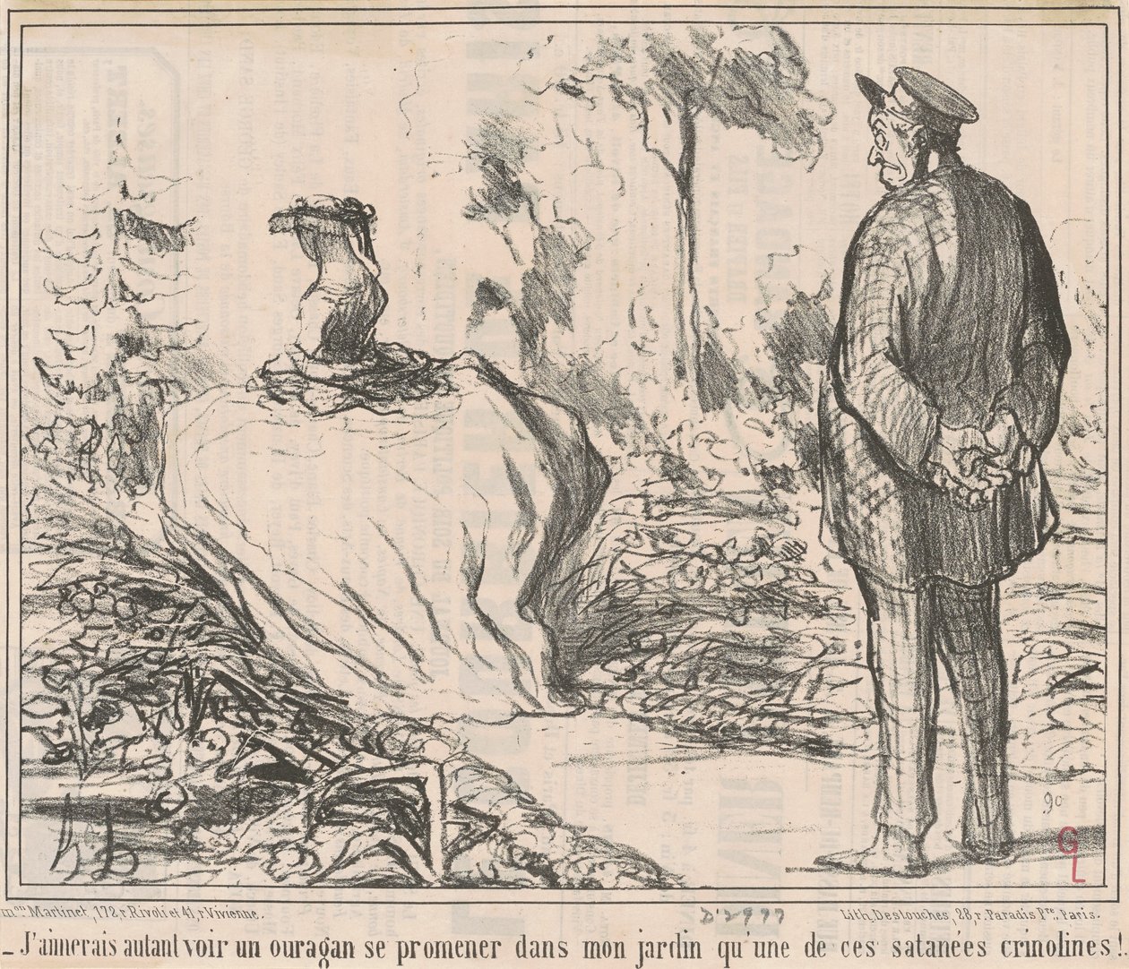 Szívesebben látnék egy hurrikánt a kertemben vándorolni, mint egy olyan átkozott krinolint! alkotó: Honoré Daumier