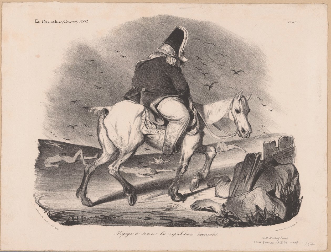 Lajos Fülöp francia király karikatúrája lóháton a holttestek között Voyage à travers les populations empressées (cím a tárgyon) alkotó: Honoré Daumier