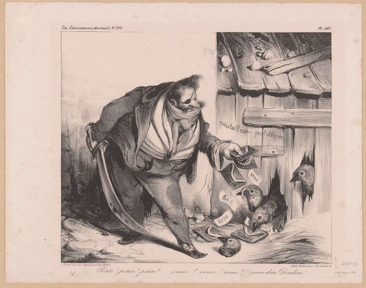 Lajos Fülöp francia király banditaként ábrázolt karikatúrája Petits! petits! petits! (...) Venez donc dindons! (cím a tárgyon) alkotó: Honoré Daumier