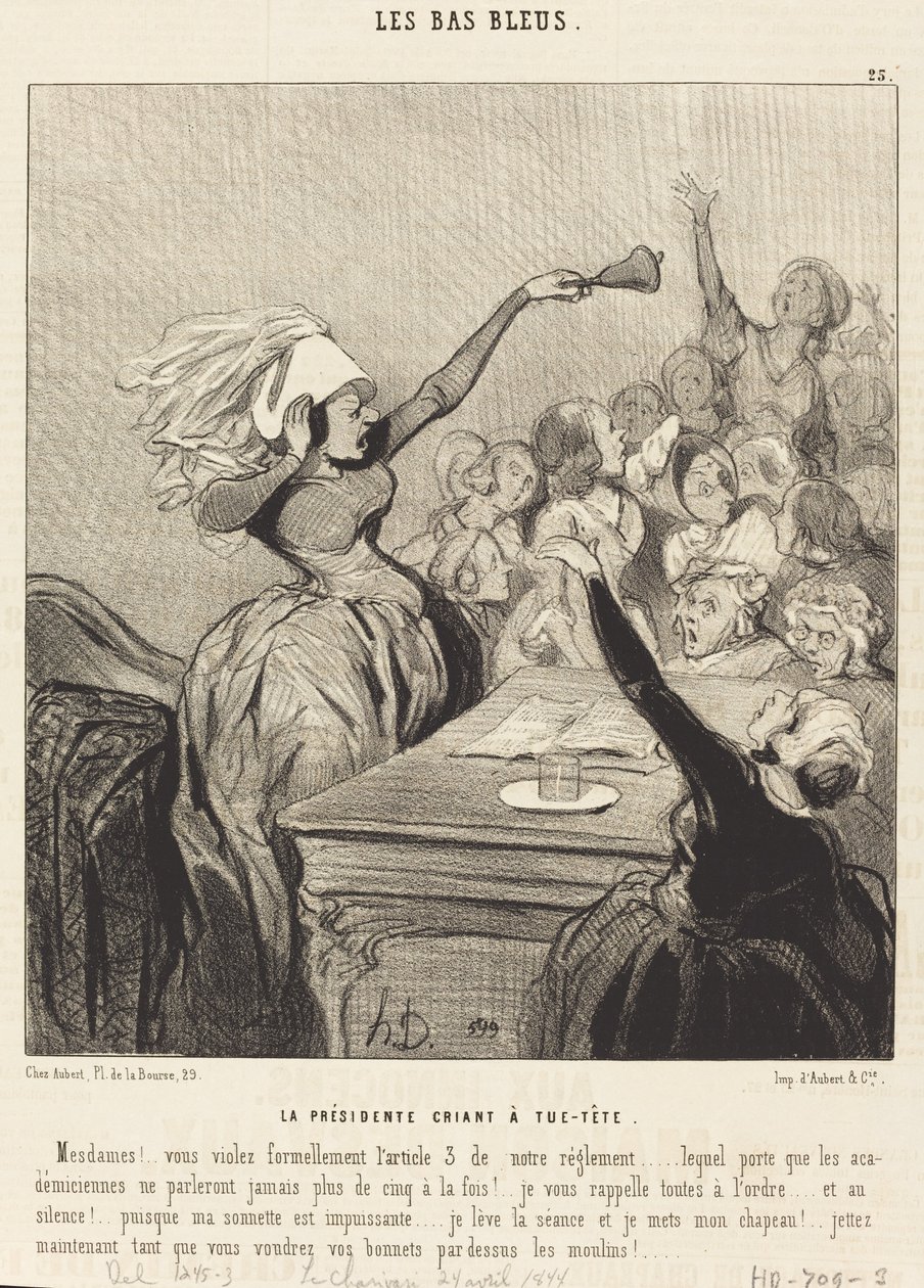 Az elnök a legnagyobb hangon kiabál: Hölgyeim!... alkotó: Honoré Daumier