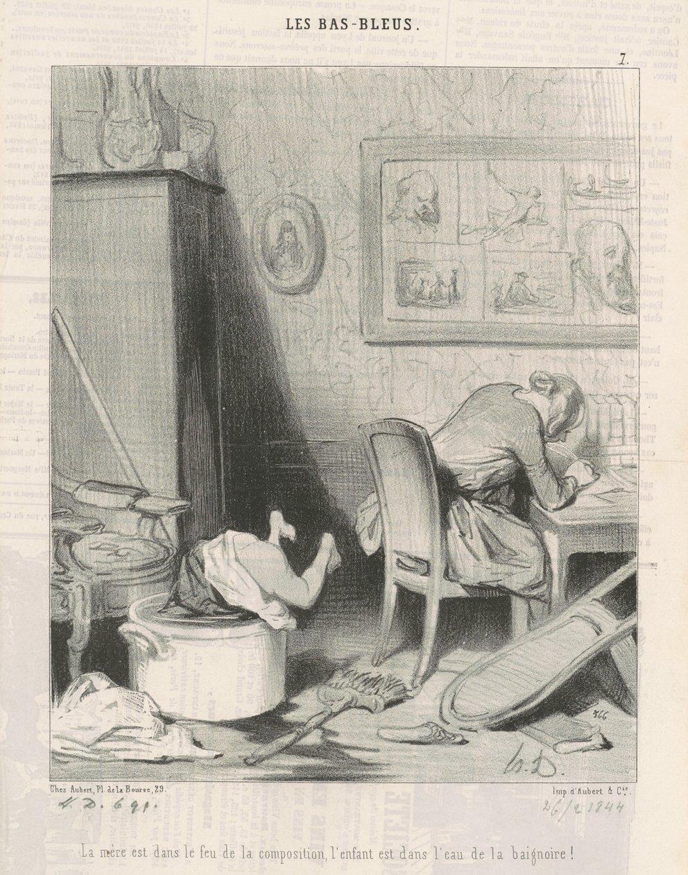 Az anya a kompozíció tüzében, a gyerek a fürdőkád vizében! alkotó: Honoré Daumier