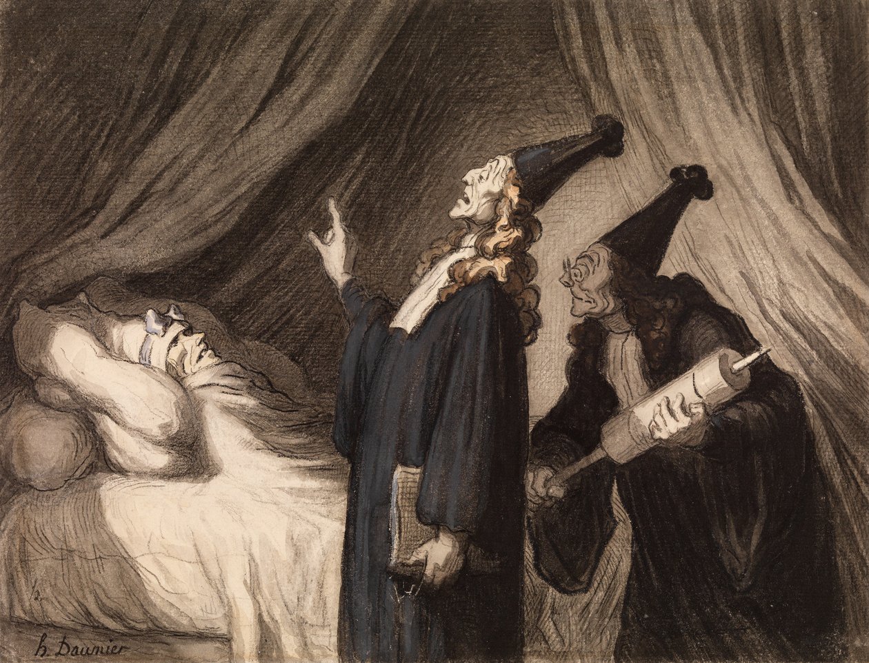 The Imaginary Invalid, 1850 körül (fekete kréta és WC papíron) alkotó: Honoré Daumier