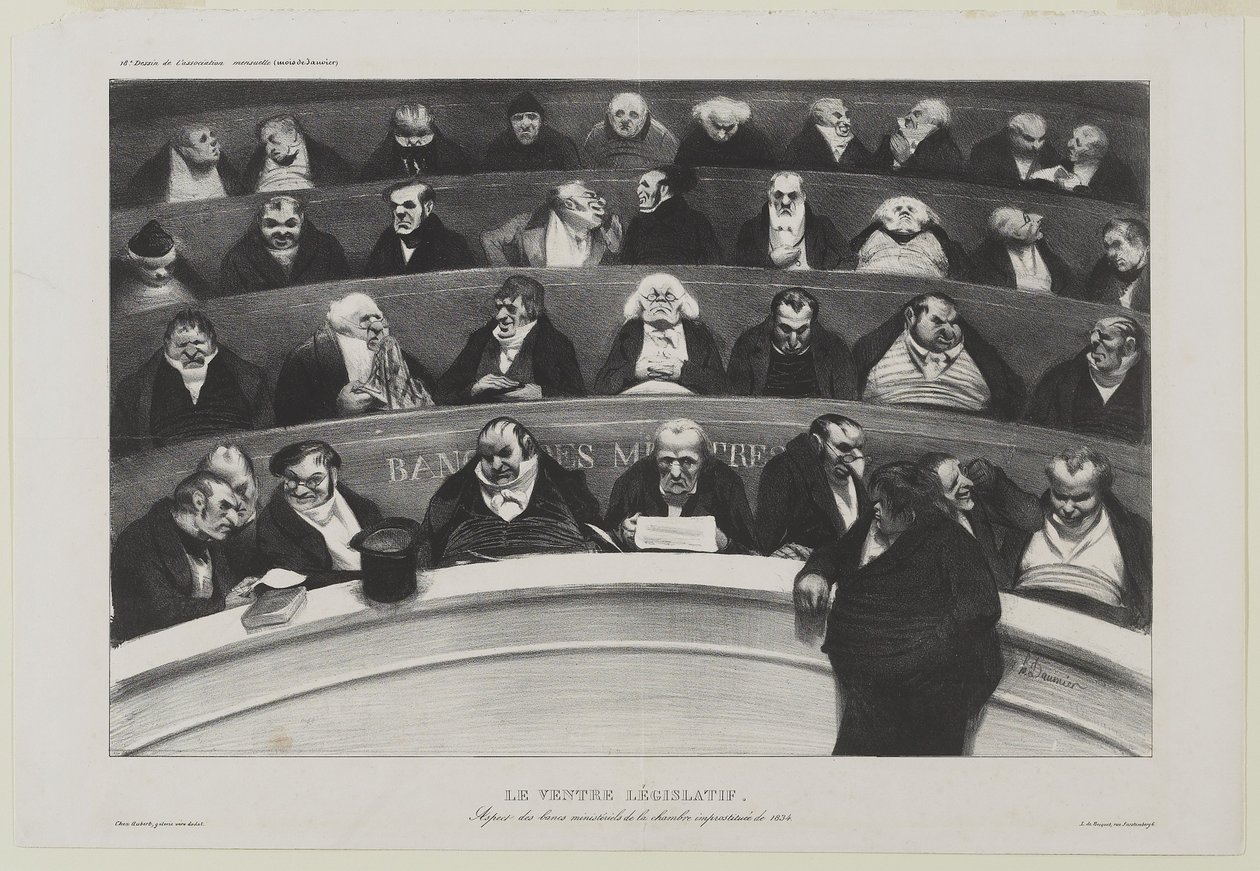 Le Ventre Législatif: Aspect des benches ministériels de la chambre improstitée de 1834, vagy A törvényhozó hasa: Az 1834-es Prostitúciós Kamara miniszteri padjainak képe alkotó: Honoré Daumier