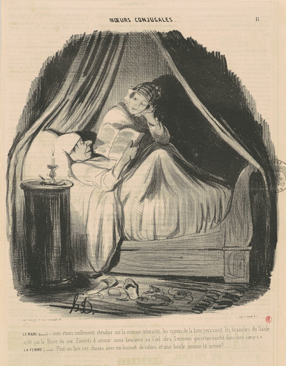 A férj olvassa: ernyedten feküdtünk... alkotó: Honoré Daumier