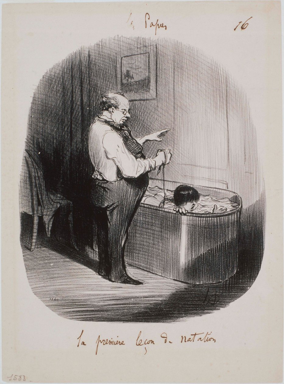 Les Papas – Az első úszásoktatás alkotó: Honoré Daumier