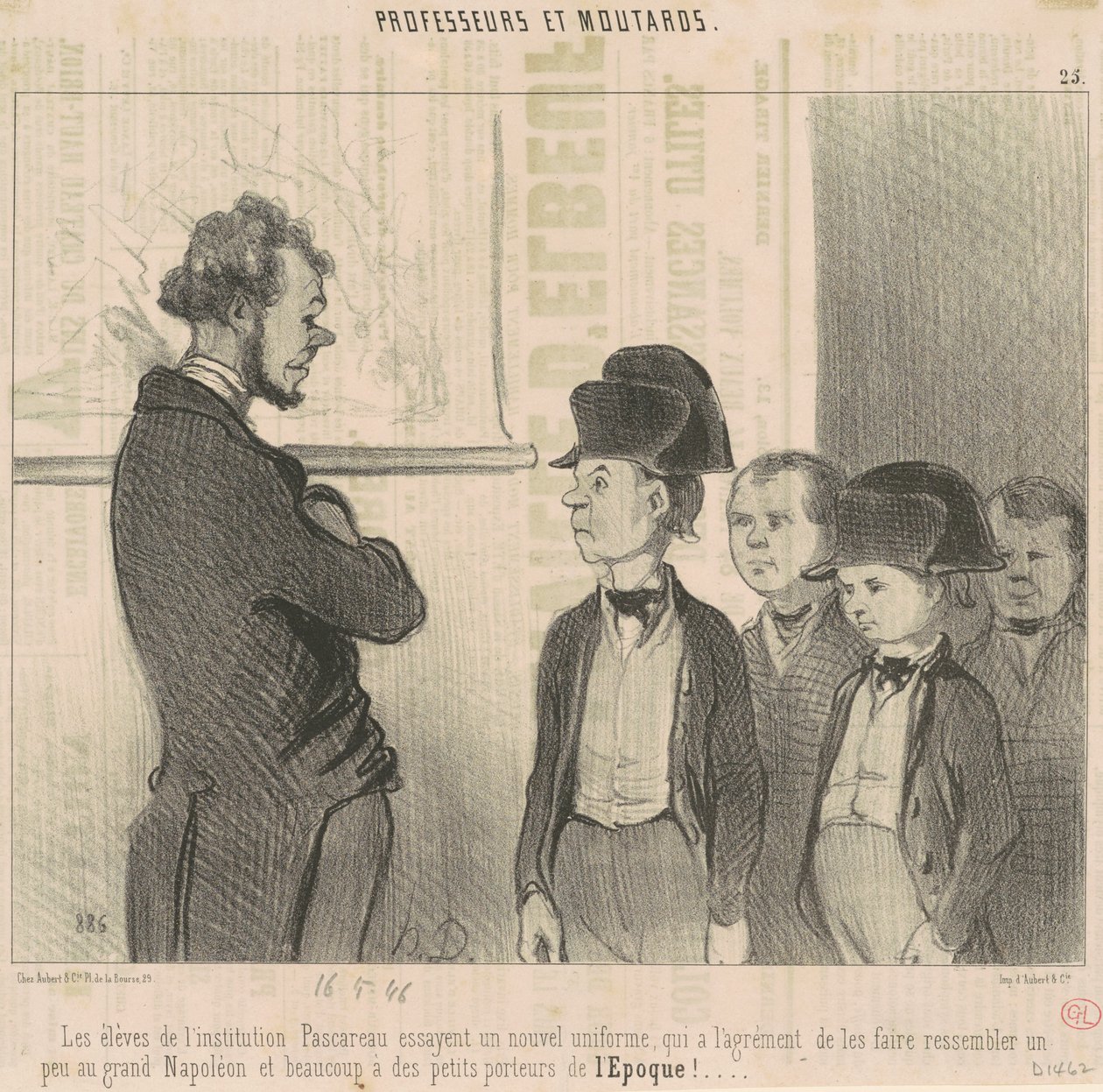 Új egyenruhát próbálnak fel a Pascareau intézmény diákjai... alkotó: Honoré Daumier