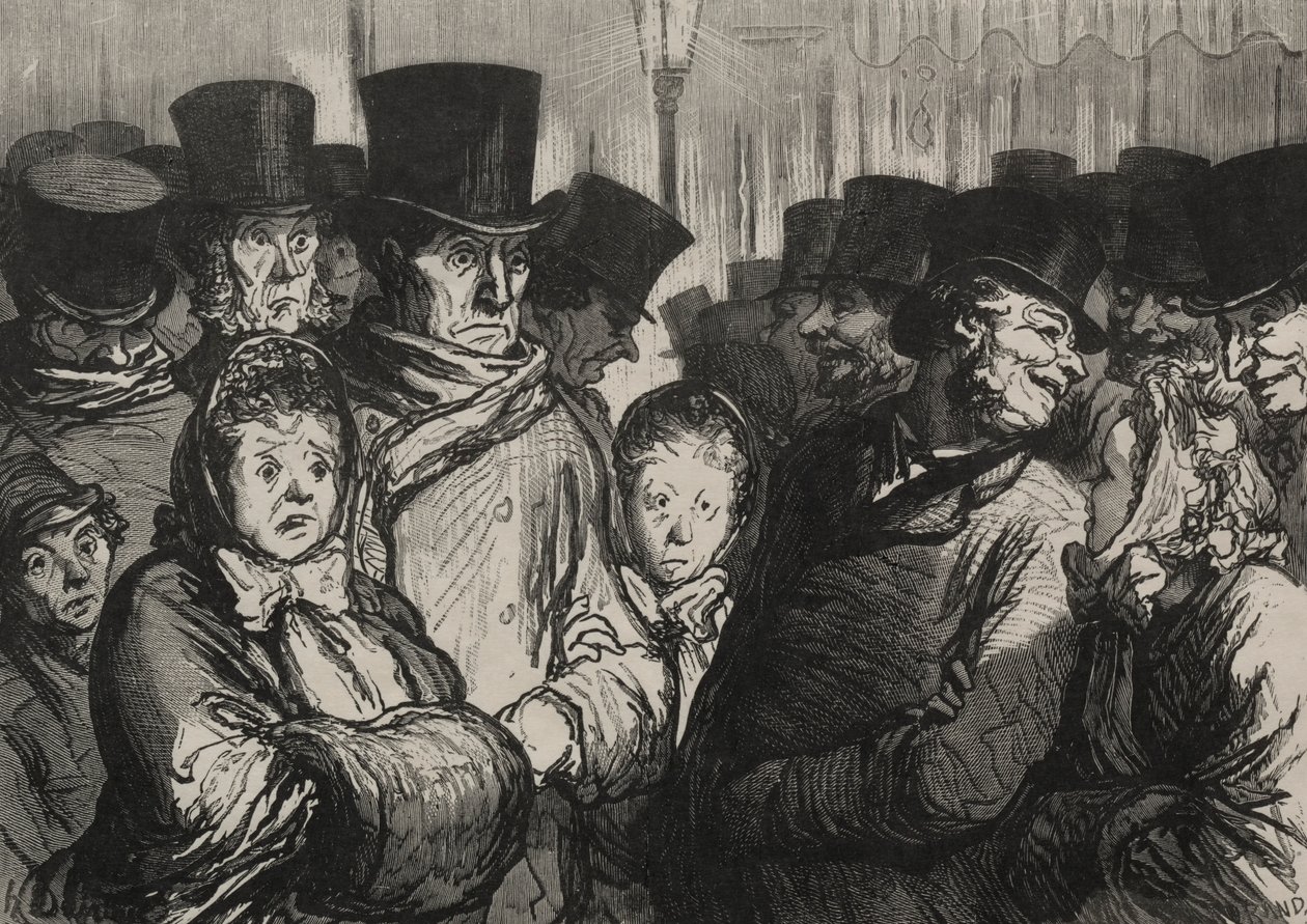 A színházak: kijönni a drámából és kijönni a kötéltáncosokból. alkotó: Honoré Daumier