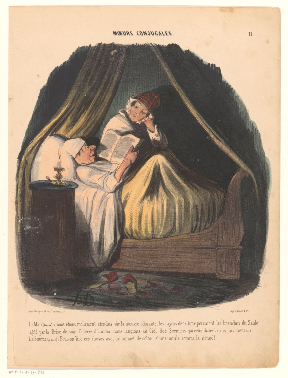 Olvasó férfi az ágyban, mellette a felesége Házassági szokások (sorozat címe) Moeurs conjugales (sorozat címe a tárgyon) alkotó: Honoré Daumier