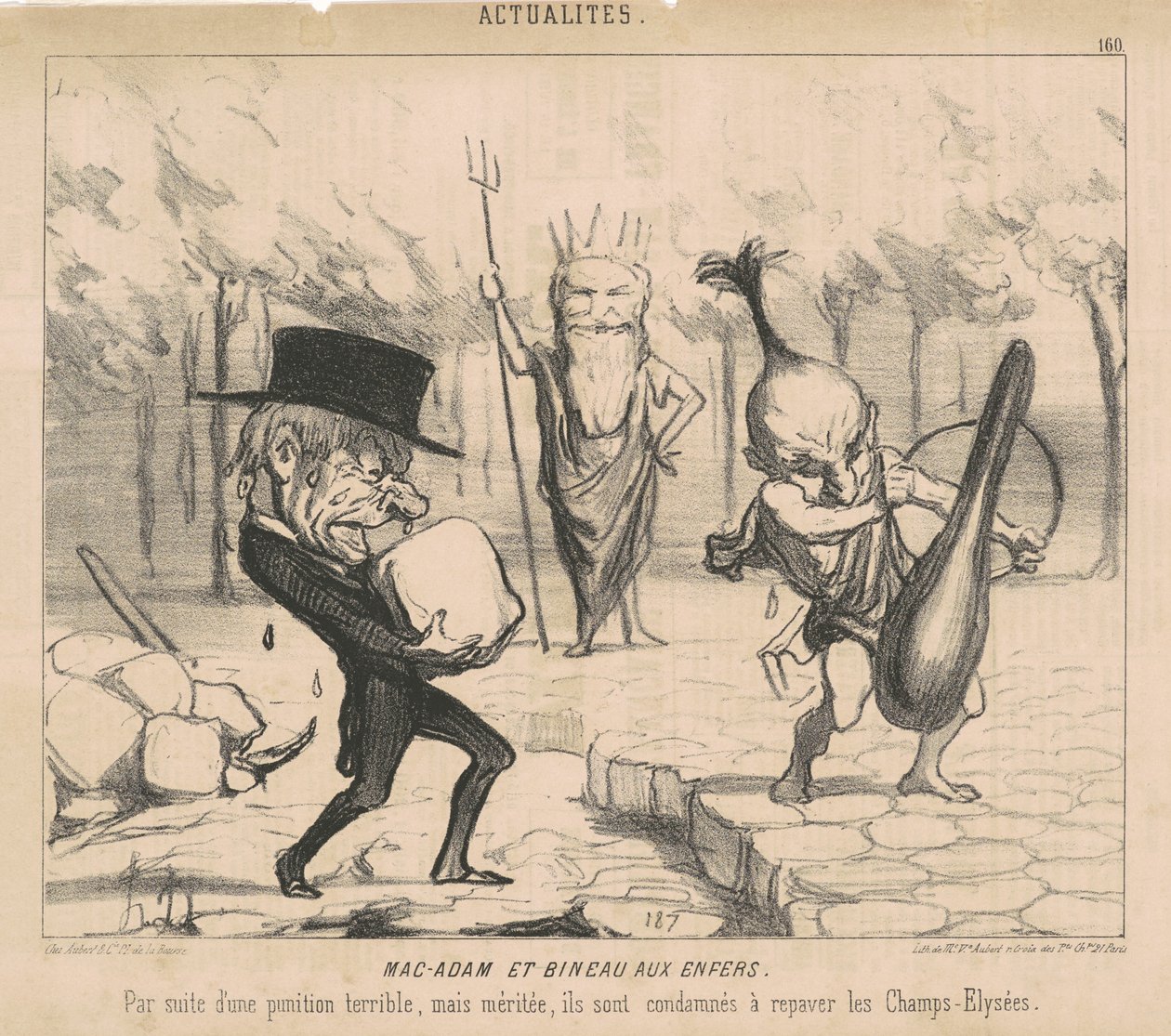 Mac-Adam [sic] és Bineau a pokolban. Egy szörnyű, de megérdemelt büntetés után a Champs Elysées újrakövezésére ítélik őket. alkotó: Honoré Daumier