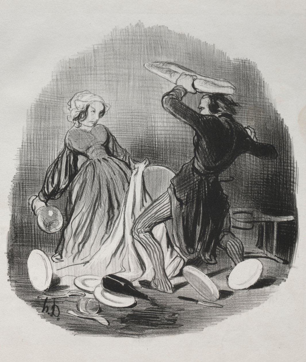 Házassági szokások: Ah! úgy gondolja, hogy a felesége nem lát eleget önnek, gazember..., 1841. alkotó: Honoré Daumier