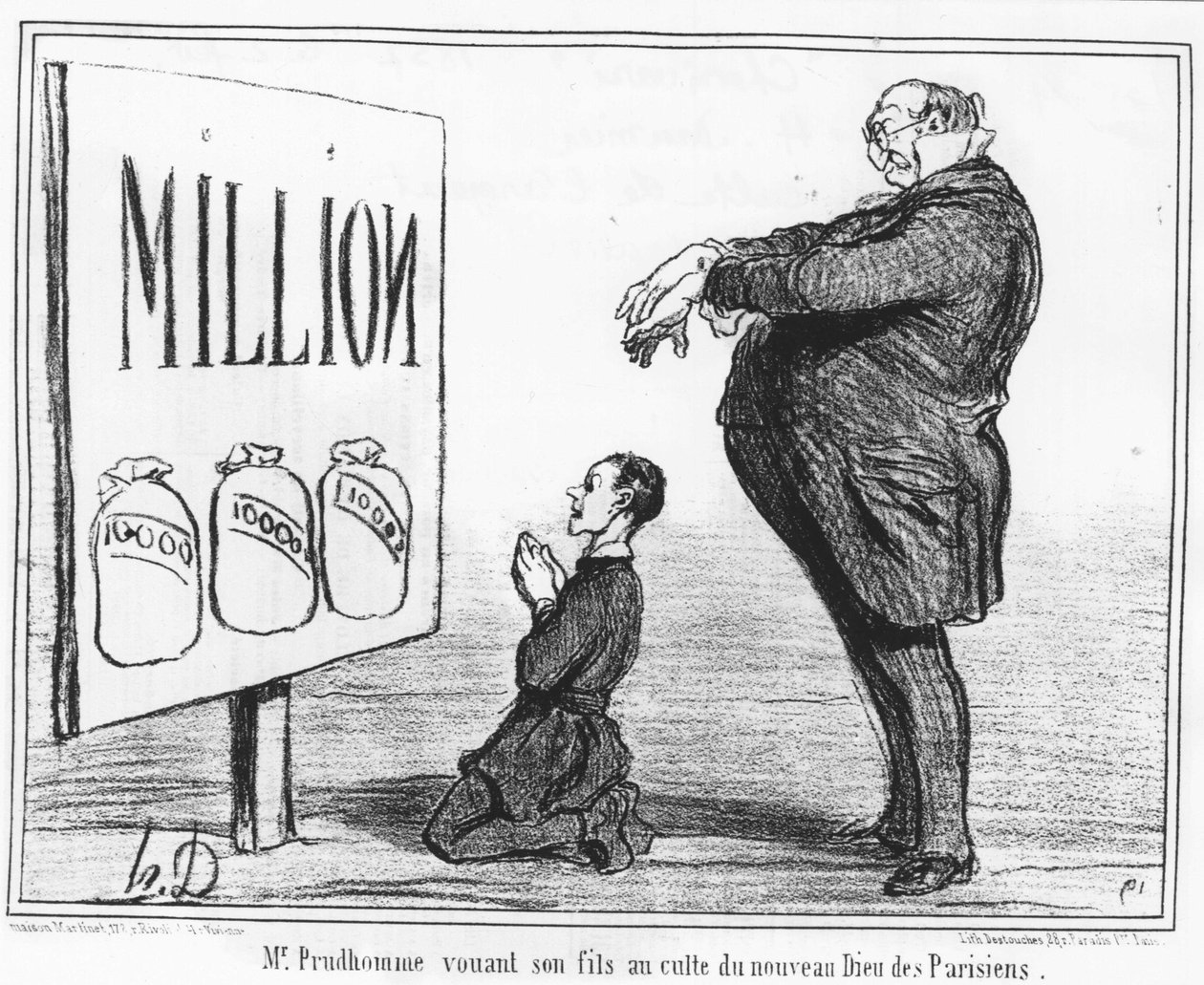 Monsieur Prudhomme a párizsiak új istenének kultuszának szenteli fiát: Honore Daumier (1808-1879) „” News” című karikatúráiból, az ezüst kultuszáról. Macskazene alkotó: Honoré Daumier