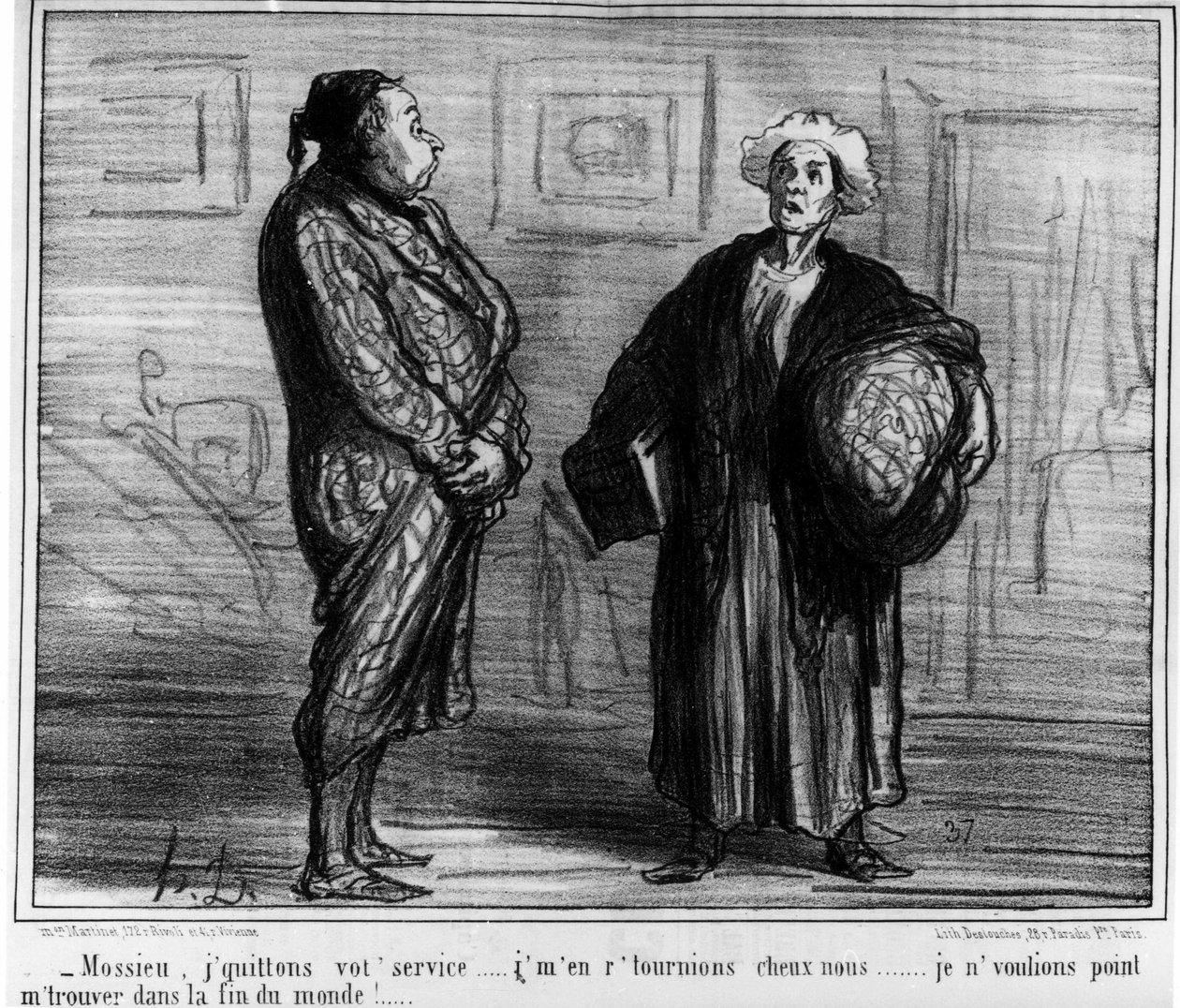 Mossieu, elhagyom a szolgálatodat... Nem akartam a világ végén lenni!... Honore Daumier (1808-1879) rajzfilm. "Macskazene" alkotó: Honoré Daumier