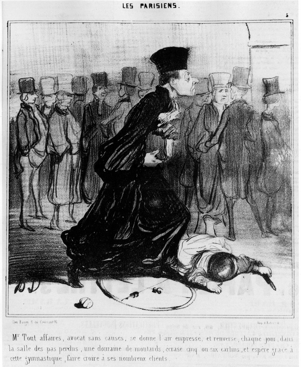 Mr. minden üzletember, ügyvéd ok nélkül, gyorsan megpillantja magát, és minden nap egy tucat birkát zúdít az előcsarnokban, összezúz öt-hat mopszot, és abban reménykedik, hogy ezzel a tornával elhiteti sok ügyfelével, rajzfilm by Honore Daumier (1808-1879) alkotó: Honoré Daumier