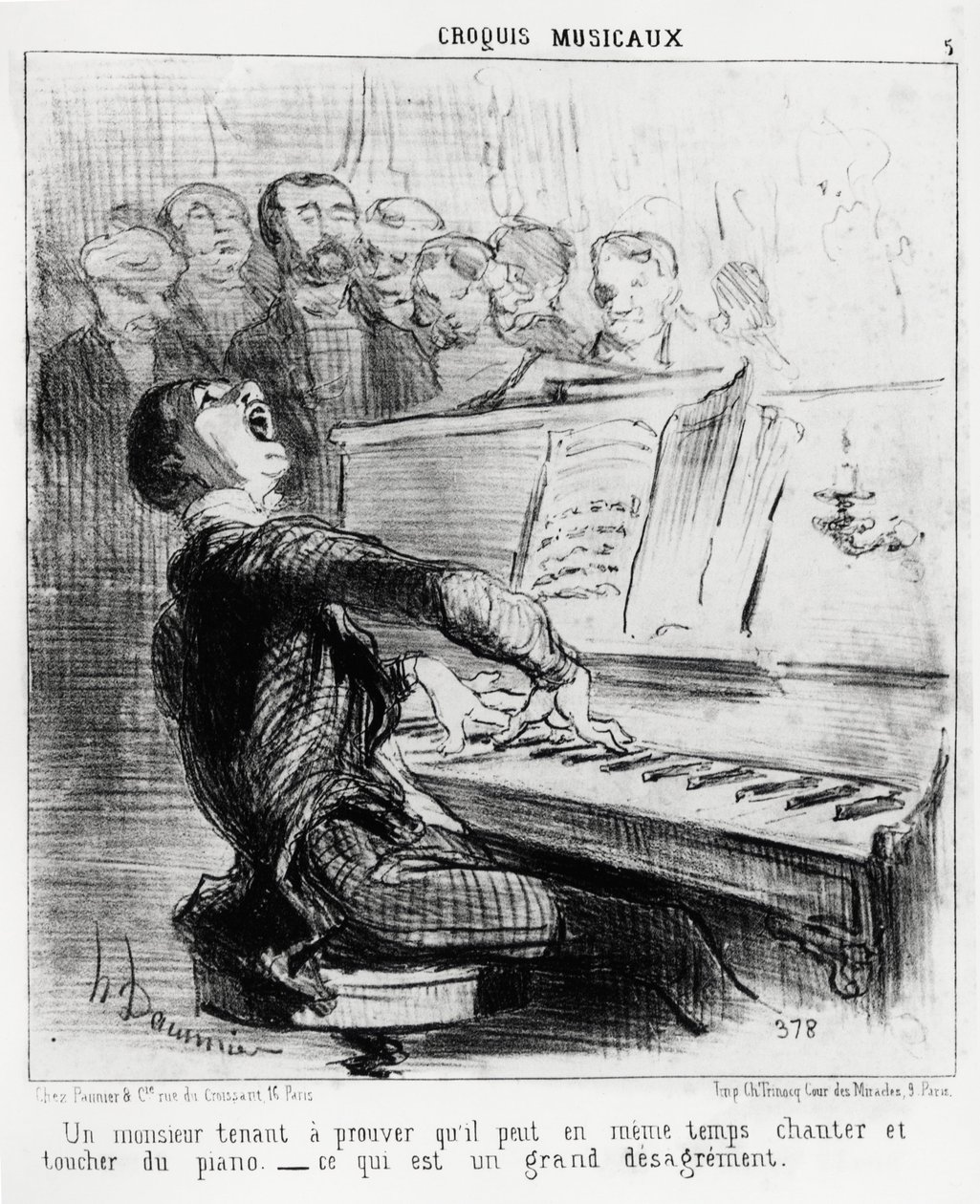 Zenei vázlatok: egy úriember, aki mindenáron be akarja bizonyítani, hogy egyszerre tud énekelni és zongorázni, ami nagyon szégyenletes. Honore Daumier (1808-1879) illusztrációja, megjelent a "Charivari" című lapban, 1852. február 17-i dátummal. alkotó: Honoré Daumier