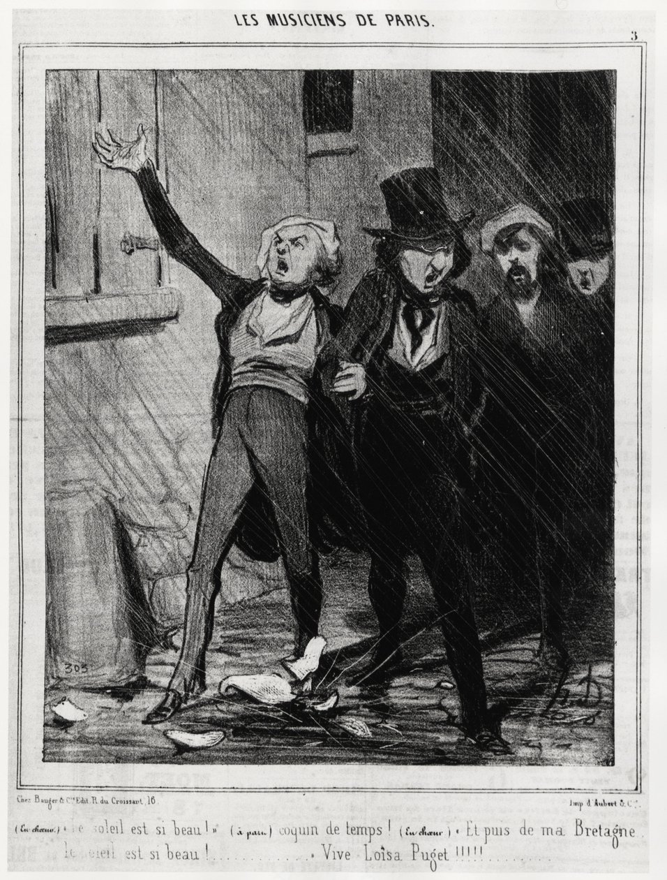 Párizs zenészei: „Olyan szép a nap!... Csúnya idő!... És akkor Bretagne-ból olyan szép az ég!... Vive Loisa Puget” (1810-1889, romantikus zeneszerző). Illusztráció d