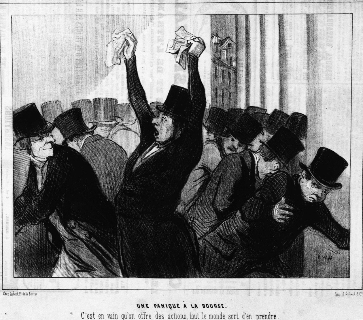 Pánik a tőzsdén. Hiába kínáltak részvényeket, mindenki elvitt tőlük: a „„ Actualites ”-ből, a rajzfilmek sorozatától a Honore Daumier Értéktőzsdén (1808-1879). Macskazene alkotó: Honoré Daumier