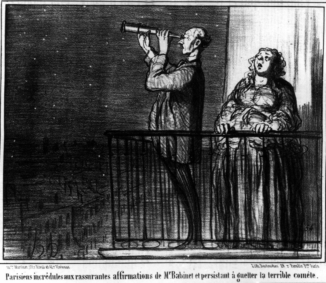 A párizsiak nem hisznek Monsieur Babient megnyugtató állításaiban, és kitartóan figyelik Honore Daumier (1808-1879) szörnyű üstökösét. "Macskazene". alkotó: Honoré Daumier