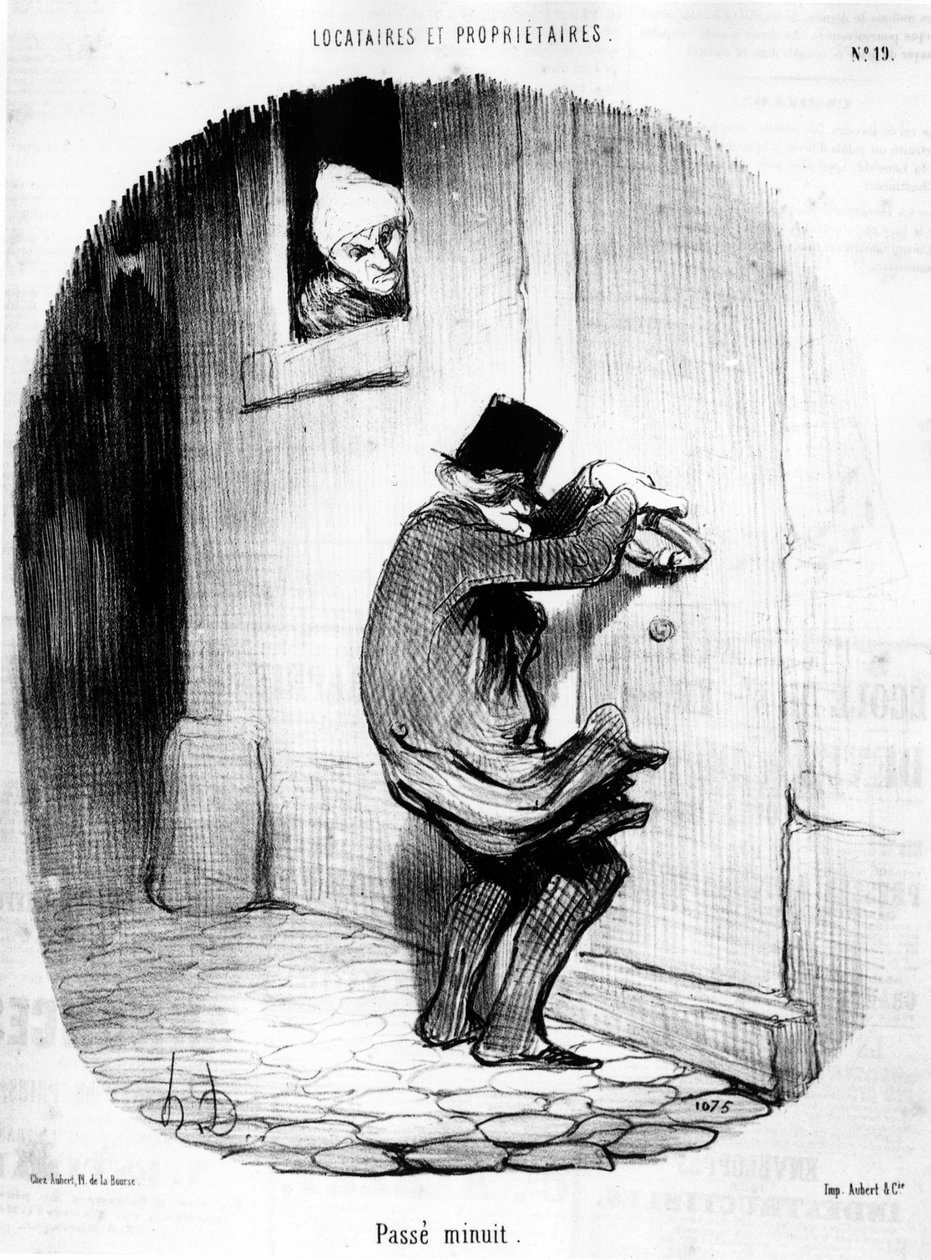 Eltelt éjfél. férfi, aki későn tér vissza a bérlőhöz, Honore Daumier (1808-1879) rajzfilmsorozatából: „Bérlők és tulajdonosok”. "Macskazene" alkotó: Honoré Daumier